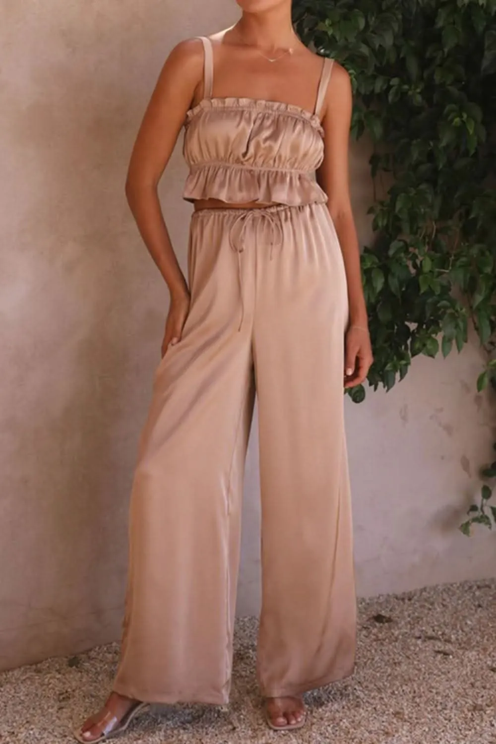 Ruffled Sleeveless Top and Wide Leg Pants Set - By Lustmia