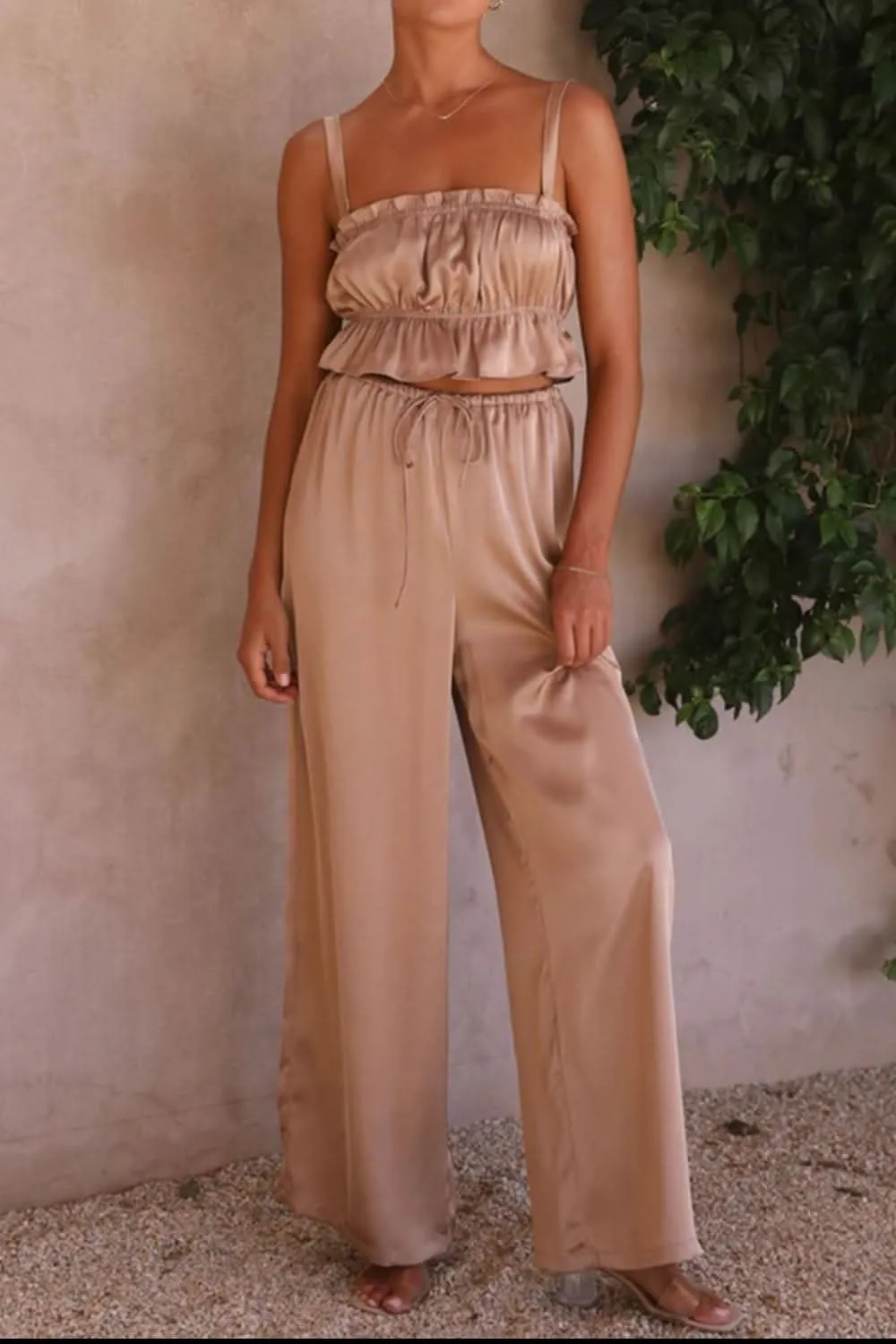 Ruffled Sleeveless Top and Wide Leg Pants Set - By Lustmia