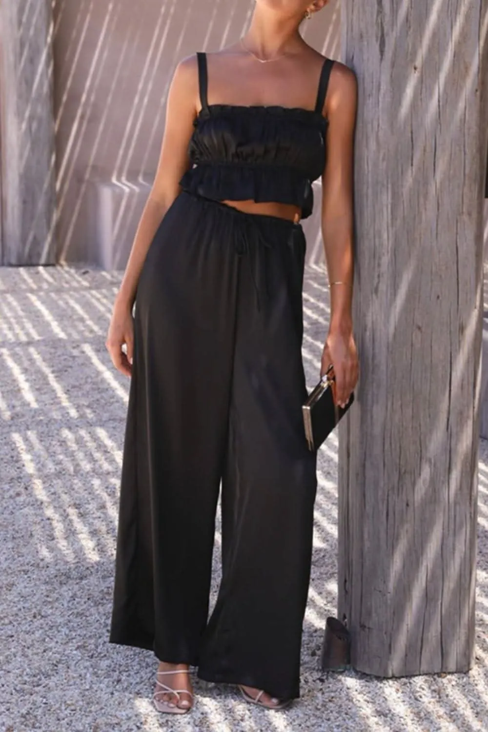Ruffled Sleeveless Top and Wide Leg Pants Set - By Lustmia