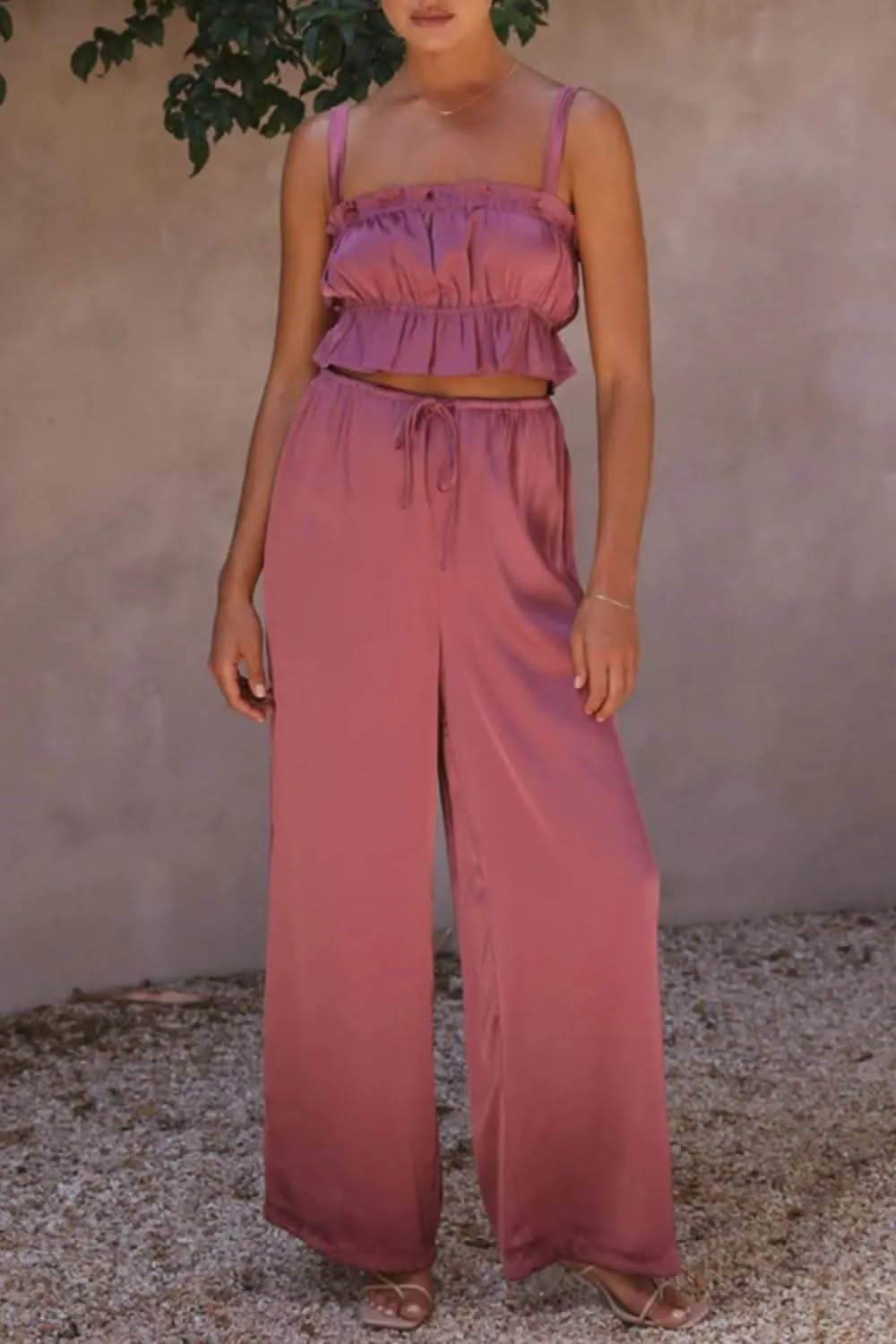 Ruffled Sleeveless Top and Wide Leg Pants Set - By Lustmia