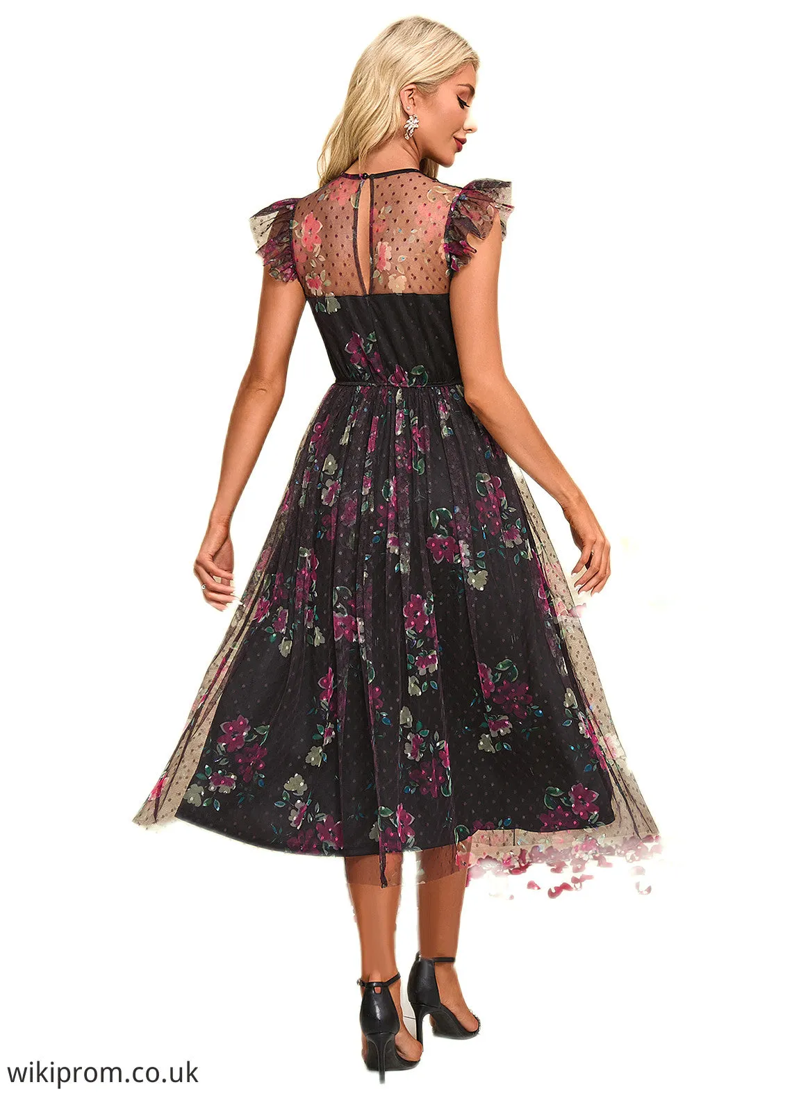 Taniyah Floral Print Scoop Elegant A-line Tulle Midi Dresses SWKP0022277