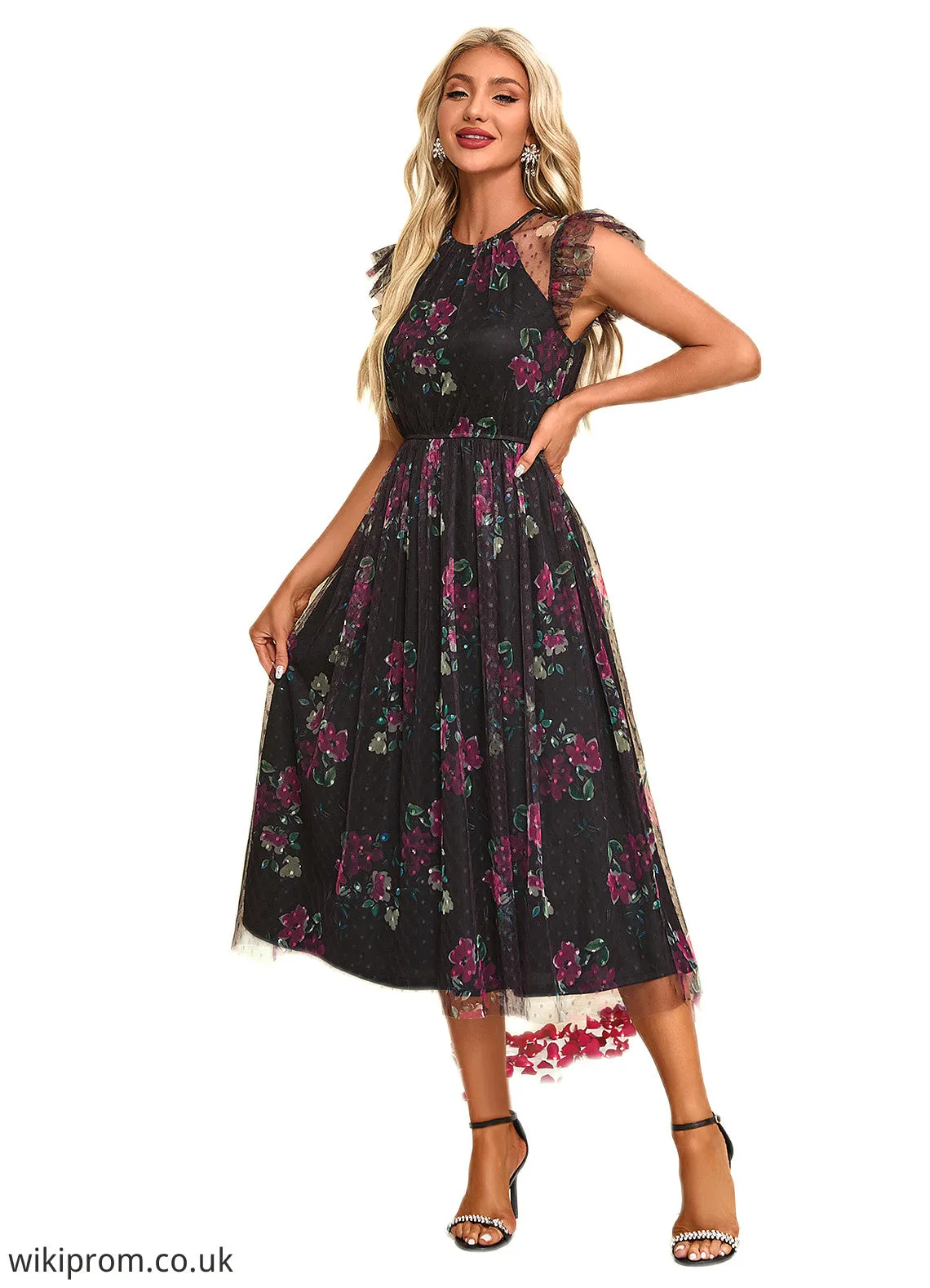 Taniyah Floral Print Scoop Elegant A-line Tulle Midi Dresses SWKP0022277