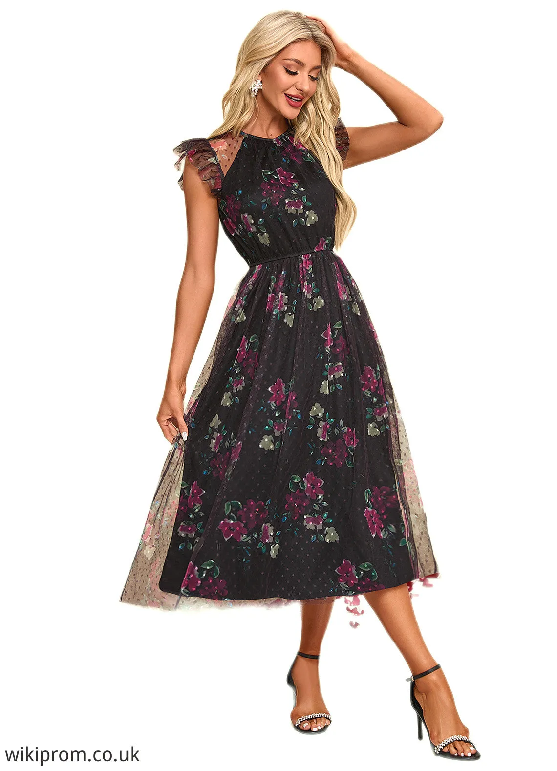 Taniyah Floral Print Scoop Elegant A-line Tulle Midi Dresses SWKP0022277