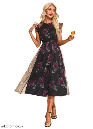 Taniyah Floral Print Scoop Elegant A-line Tulle Midi Dresses SWKP0022277