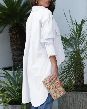 Turn down Collar Three Quarters Dip Hem Front Button Blouse with Pocket Casual Shirt