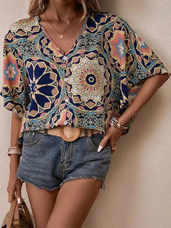V-neck Print Blouse