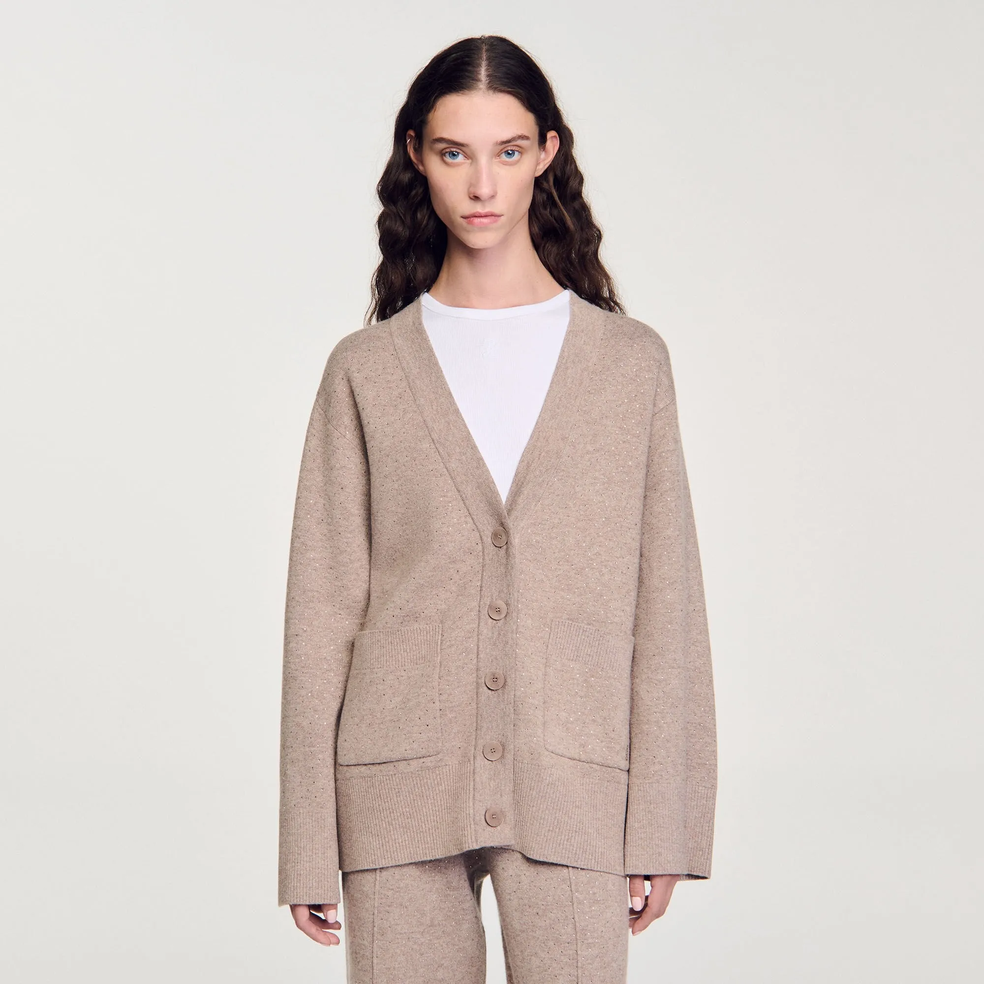 Vaddy Long Rhinestone Cardigan Beige