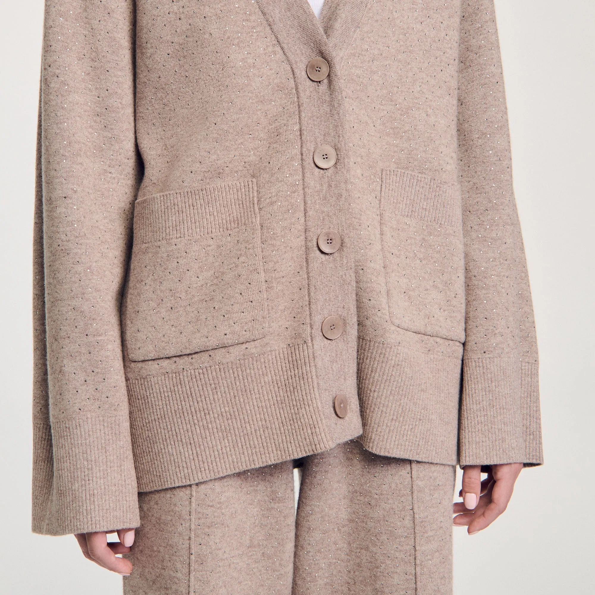 Vaddy Long Rhinestone Cardigan Beige