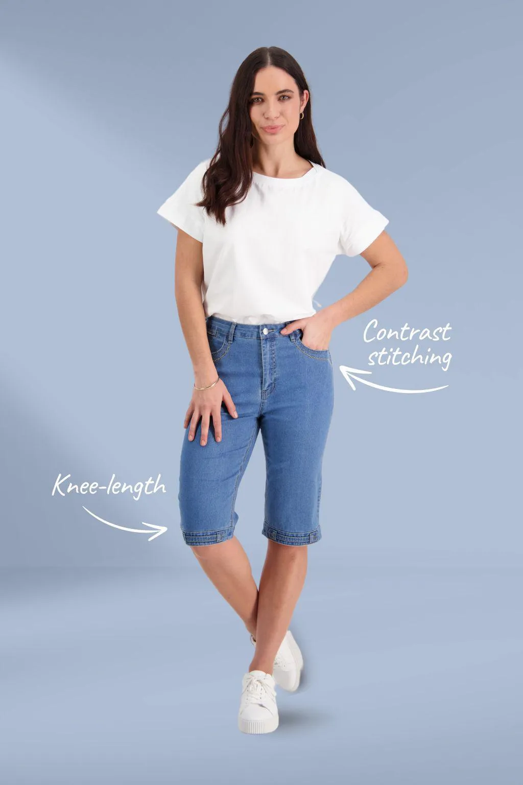 Vassalli Straight Contrast Stitch Denim Shorts Light Denim