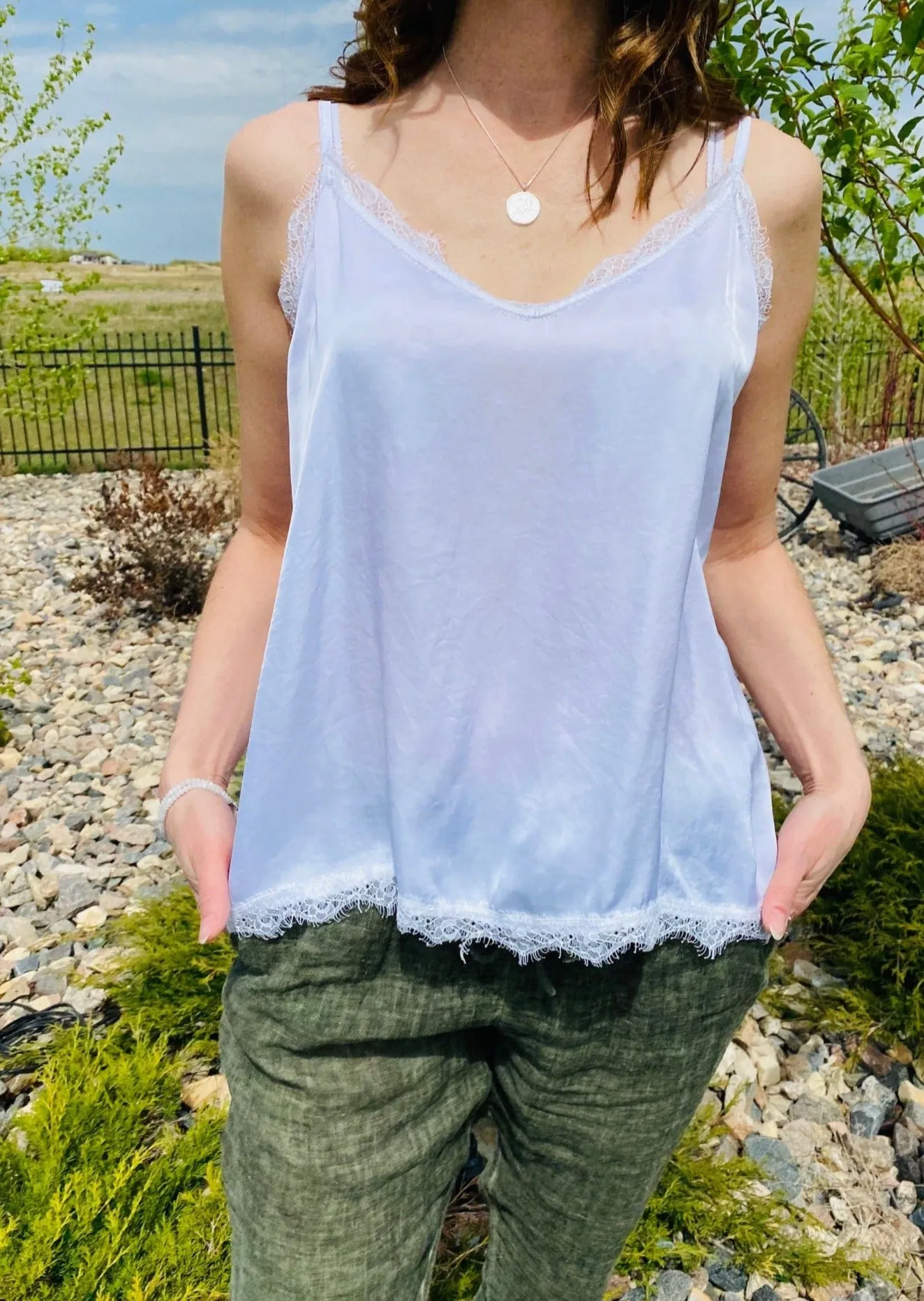 WHITE SATIN LACE CAMI TOP