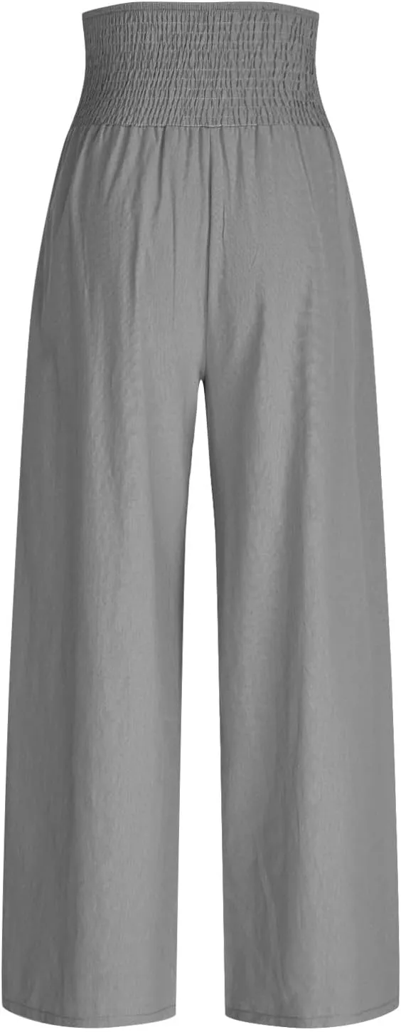 Women Summer High Waisted Cotton Linen Palazzo Pants Wide Leg Long Lounge Pant Business Casual Trousers Slacks Pockets