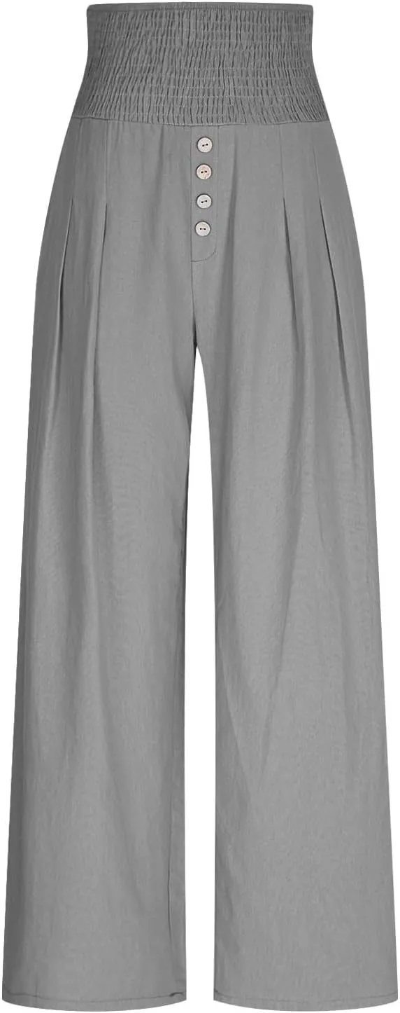 Women Summer High Waisted Cotton Linen Palazzo Pants Wide Leg Long Lounge Pant Business Casual Trousers Slacks Pockets