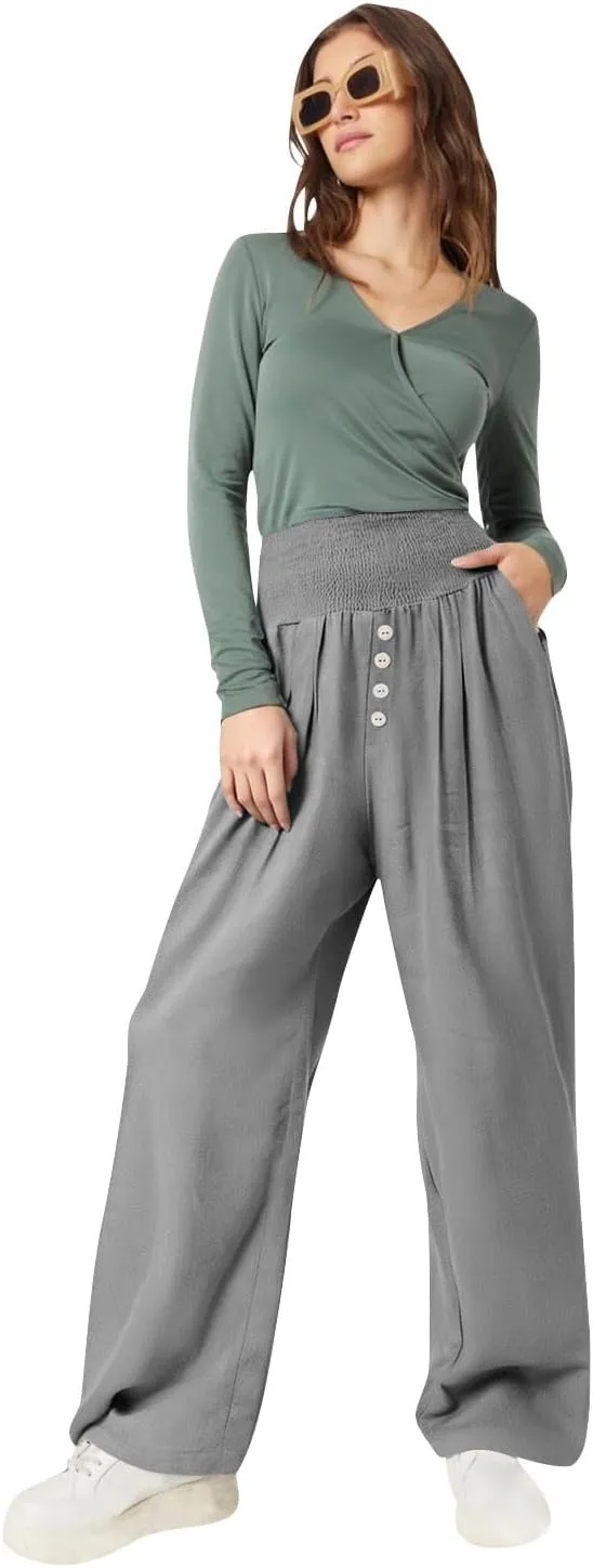 Women Summer High Waisted Cotton Linen Palazzo Pants Wide Leg Long Lounge Pant Business Casual Trousers Slacks Pockets