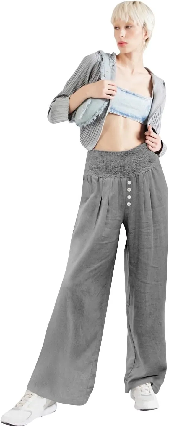 Women Summer High Waisted Cotton Linen Palazzo Pants Wide Leg Long Lounge Pant Business Casual Trousers Slacks Pockets