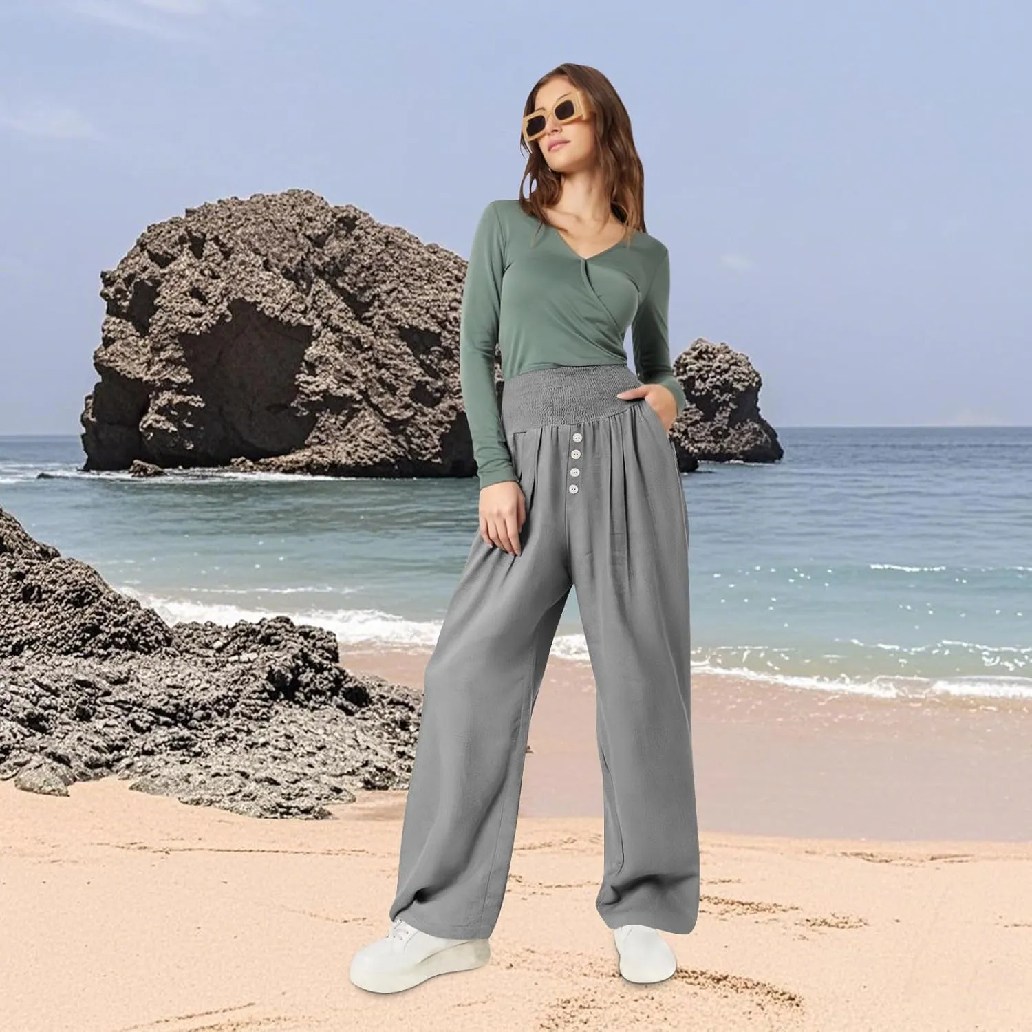 Women Summer High Waisted Cotton Linen Palazzo Pants Wide Leg Long Lounge Pant Business Casual Trousers Slacks Pockets