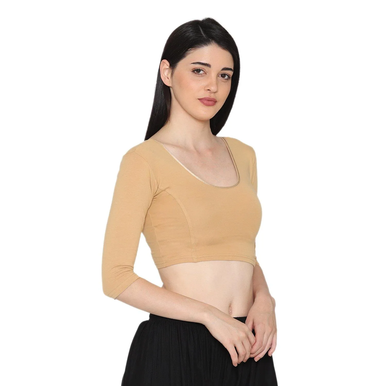 Women's 3/4 Length Cotton Stretchable Readymade Plain Blouse - Beige