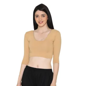 Women's 3/4 Length Cotton Stretchable Readymade Plain Blouse - Beige