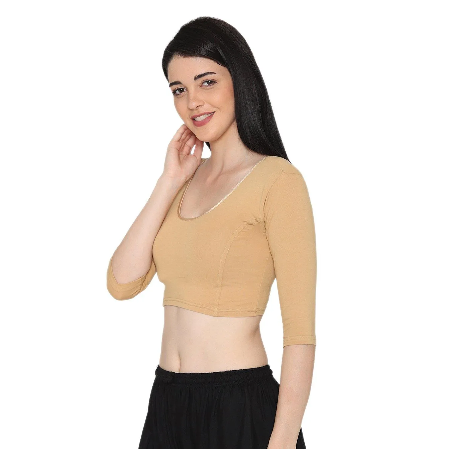 Women's 3/4 Length Cotton Stretchable Readymade Plain Blouse - Beige