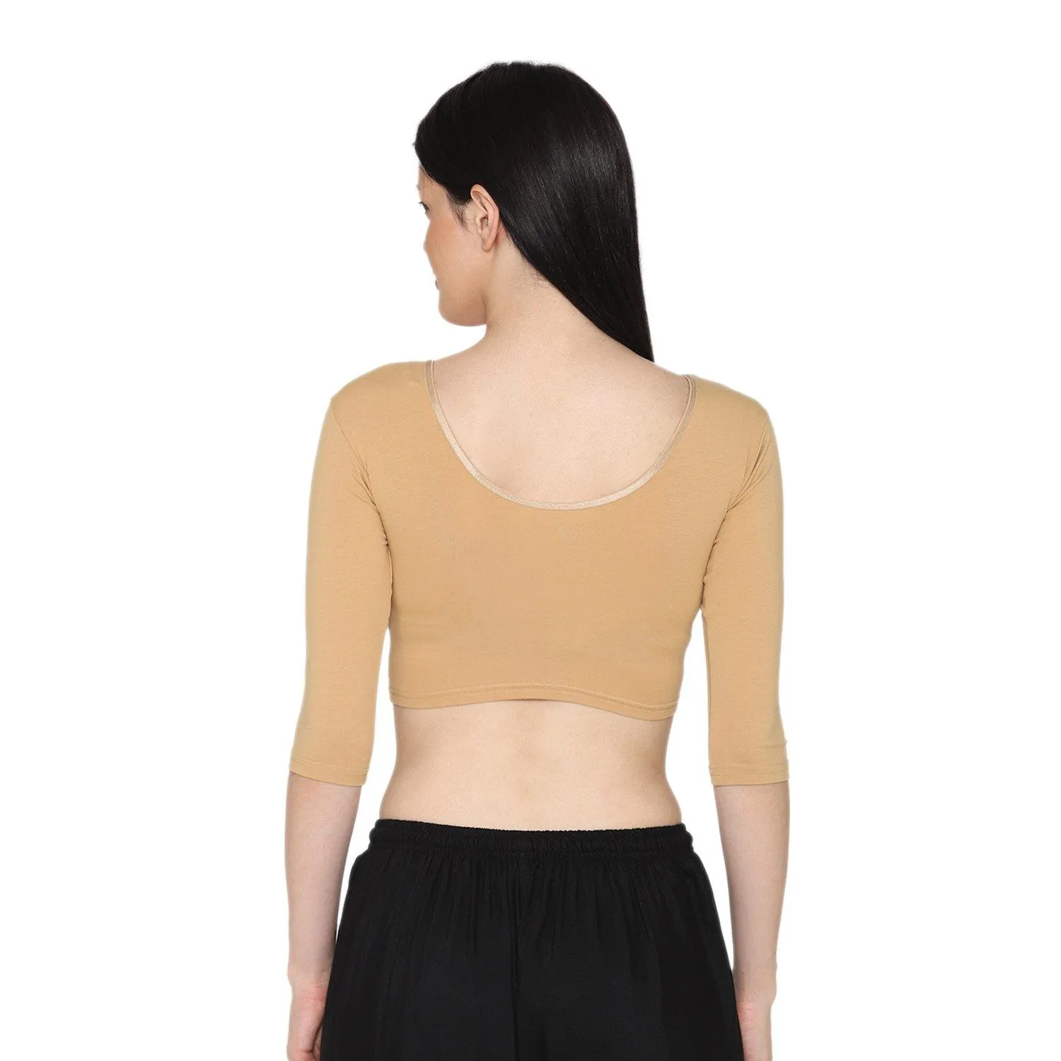 Women's 3/4 Length Cotton Stretchable Readymade Plain Blouse - Beige